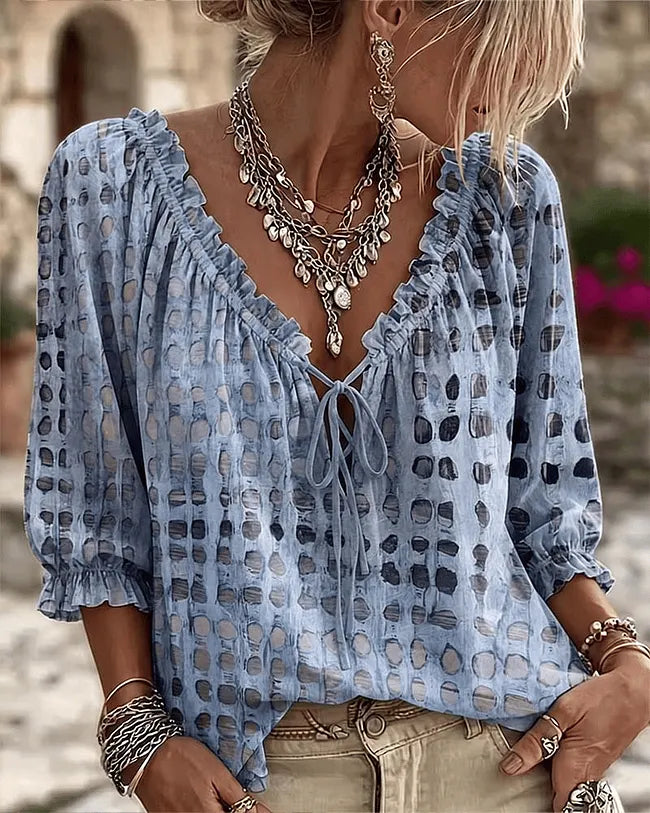 Orlyna | Polka Dot Lace Up V Neck Blouse