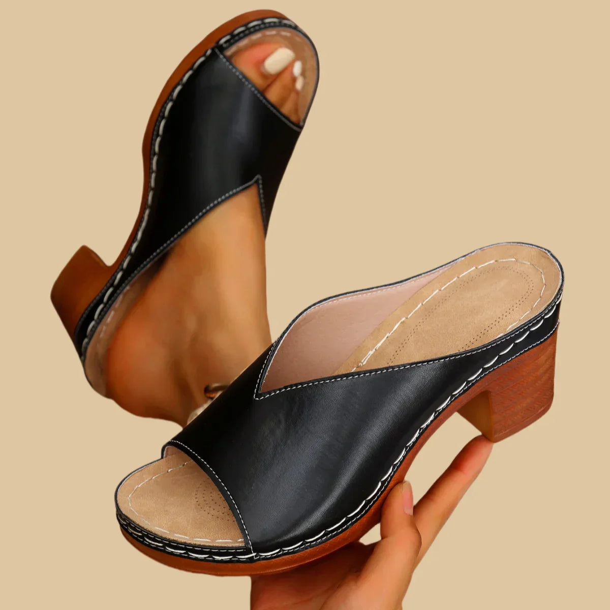 Sorina | Mule Sandals Open Toe Block Heel