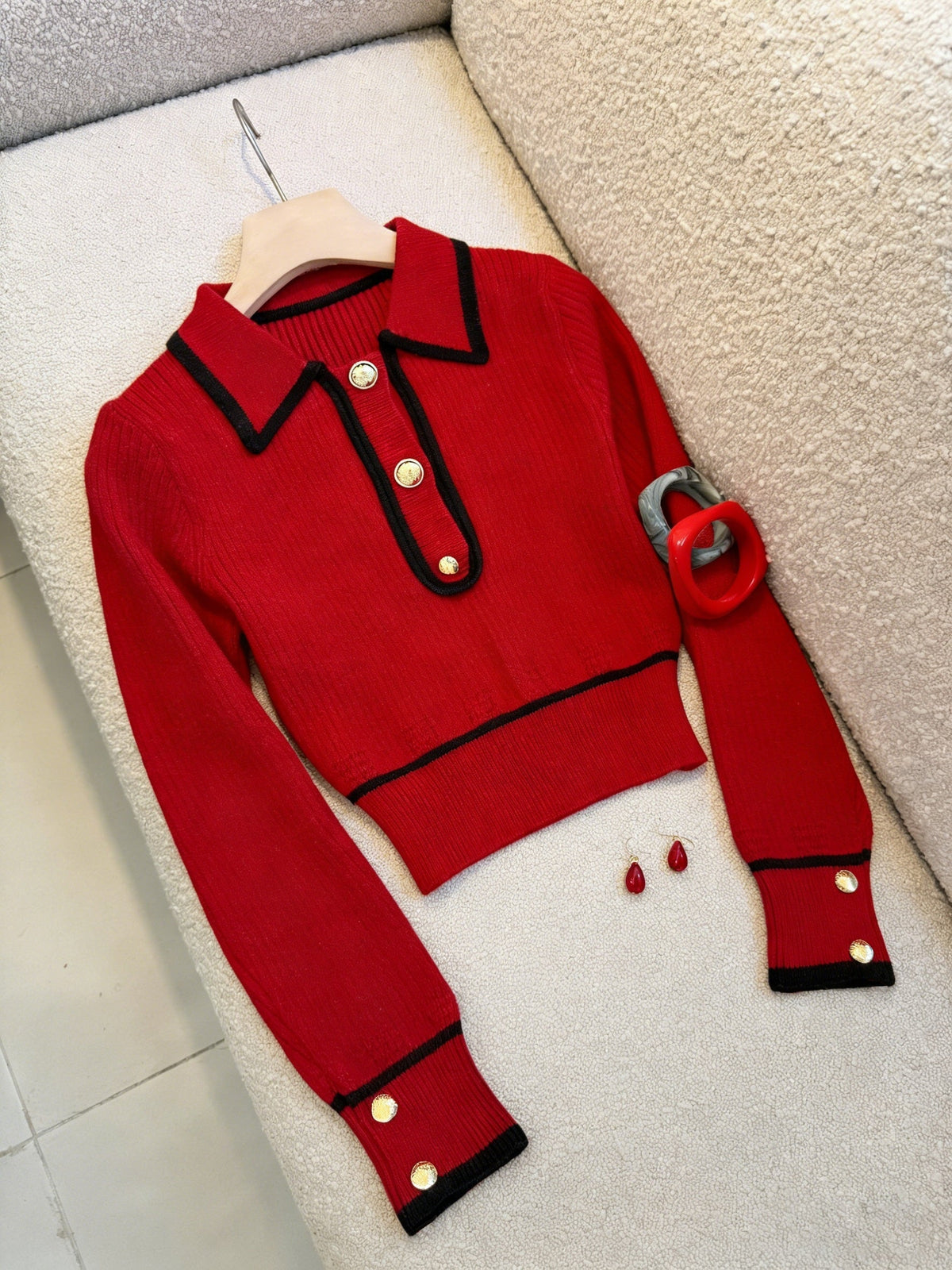 Roweina | Long Sleeve Contrast Trim Button Jumper