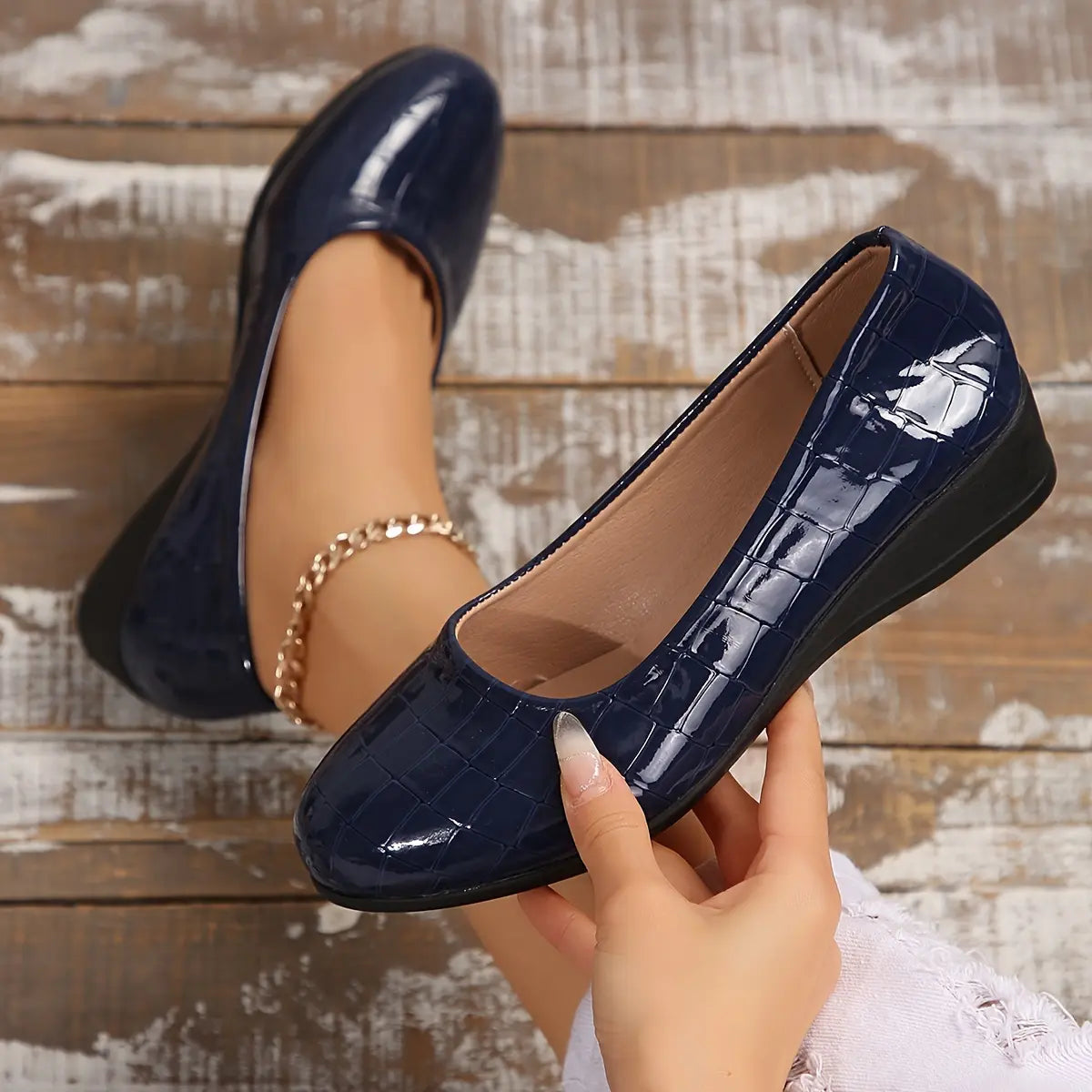 Rebekah - Wedge Heel Croc Pattern Court Shoes