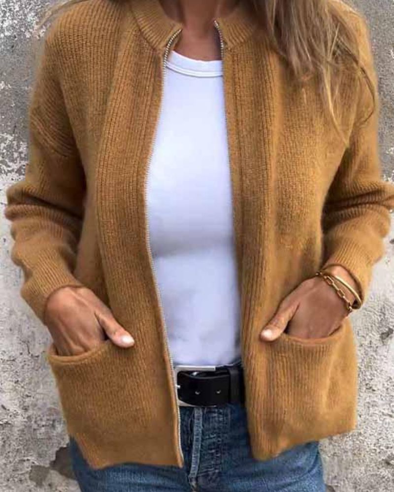 Marsha | Zip Front Ribbed Knit Cardigan