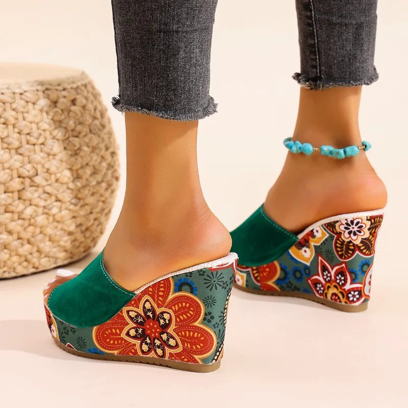 Laerke - Floral Print Wedge Slide Sandals