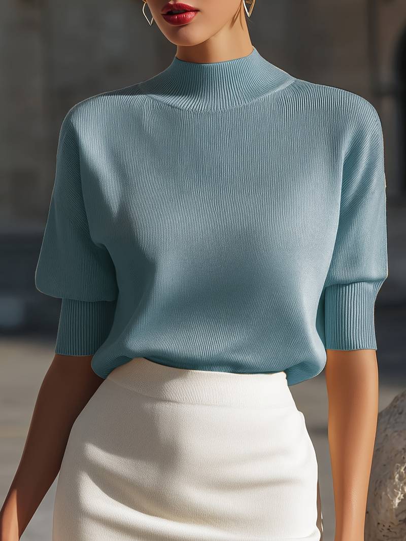 Jenni | Mock Neck Ribbed Short Sleeve Top