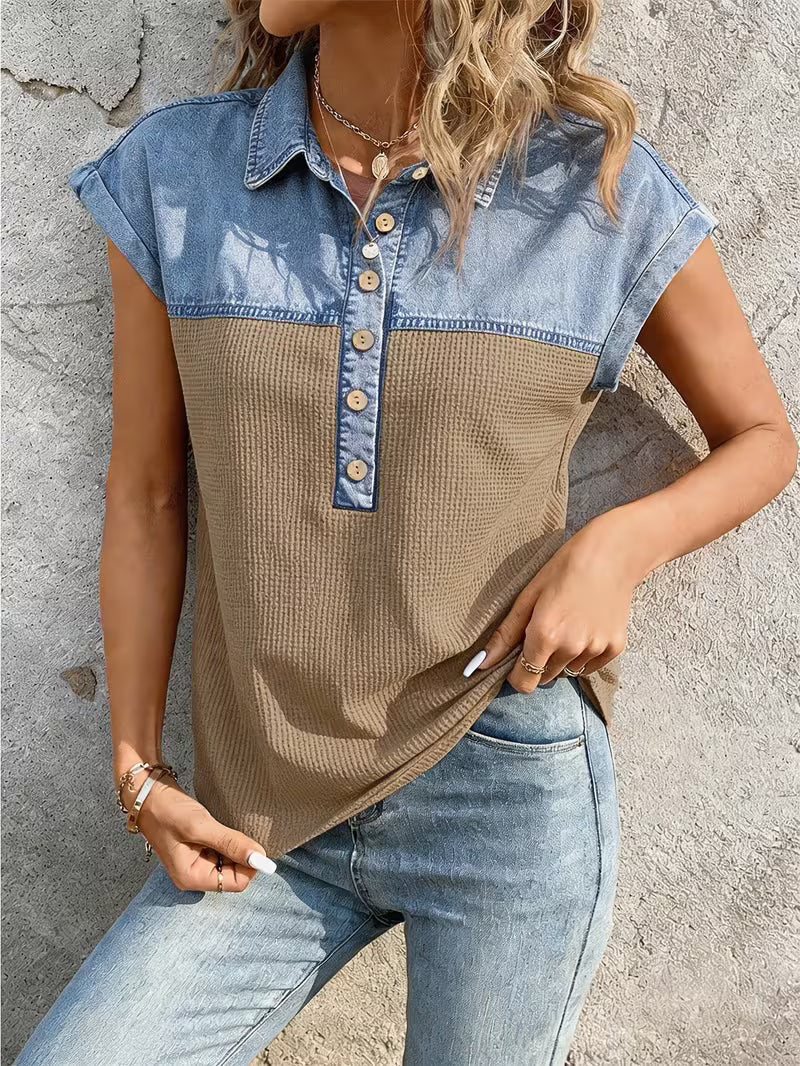 Haily | Cap Sleeve Button Front Collared Top