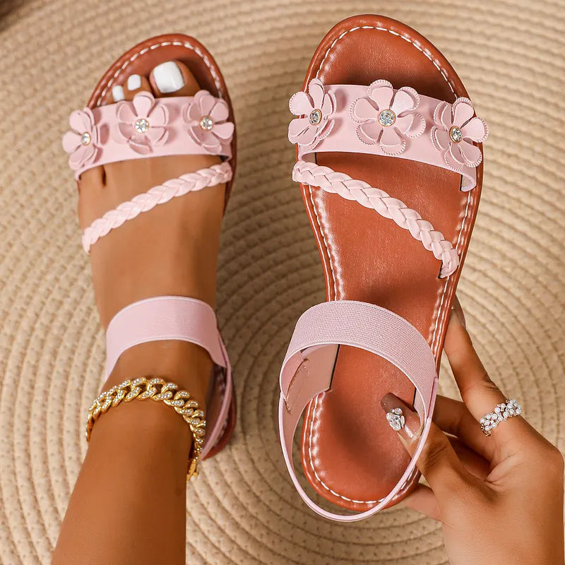 Anke - Floral Strap Flat Sandals Open Toe