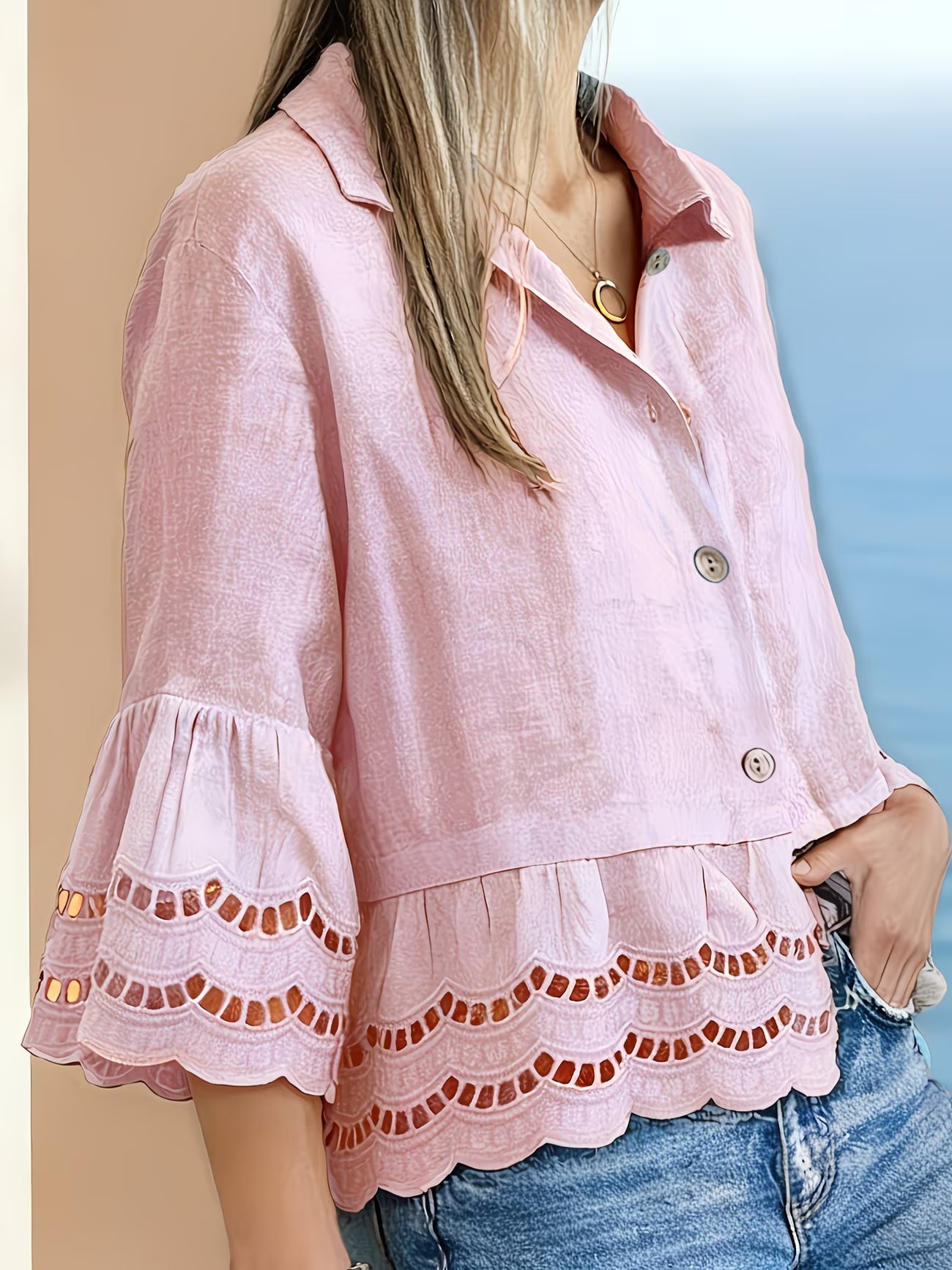 Solenn | Long Sleeve Lace Trim Button Blouse