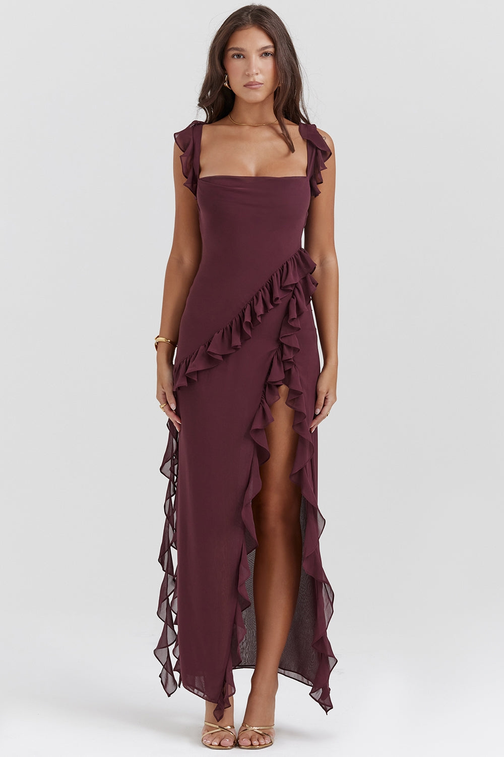 Dalia | Ruffle Trim High Split Maxi Dress