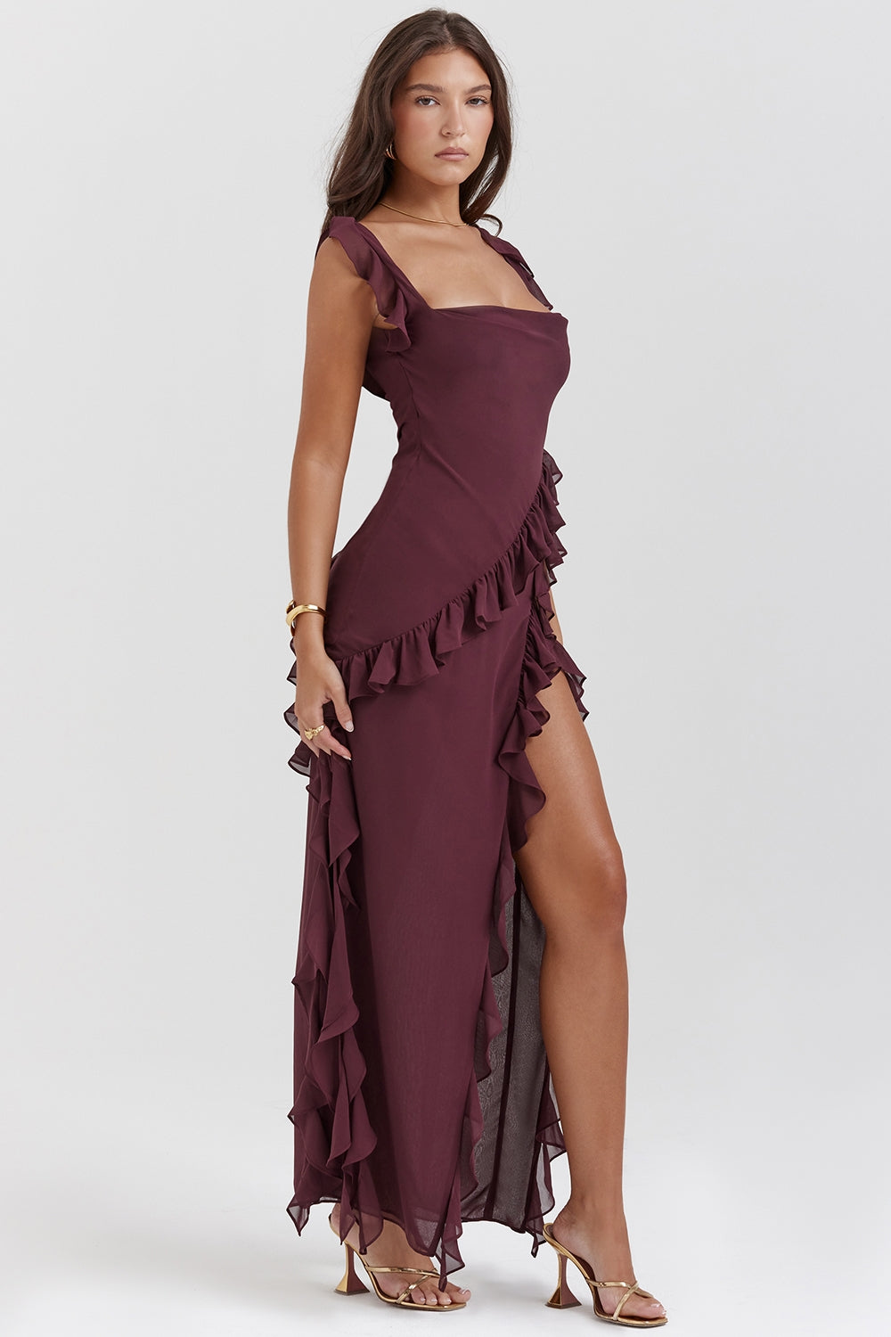 Dalia | Ruffle Trim High Split Maxi Dress
