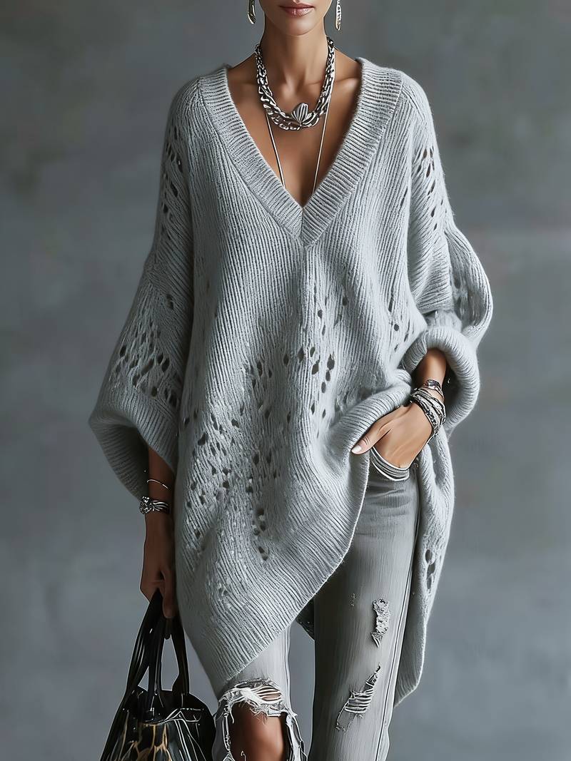Bimashi | V Neck Oversized Knitted Poncho Sweater