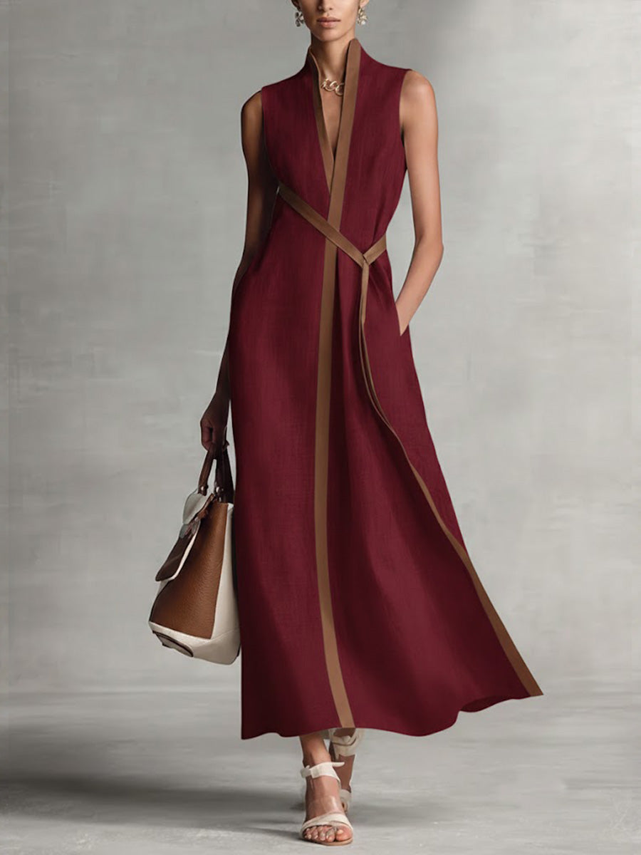 Hirusha | Sleeveless Linen Style Belted Maxi Dress