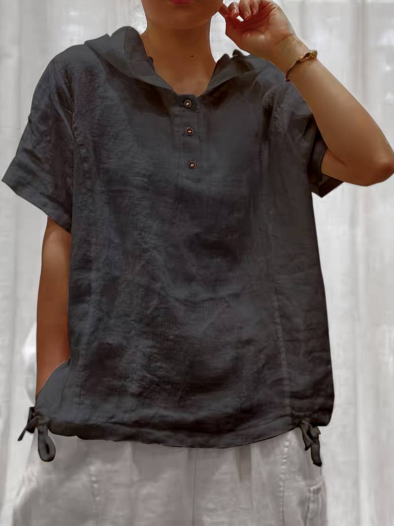 Dounia | Hooded Short Sleeve Button Front Top