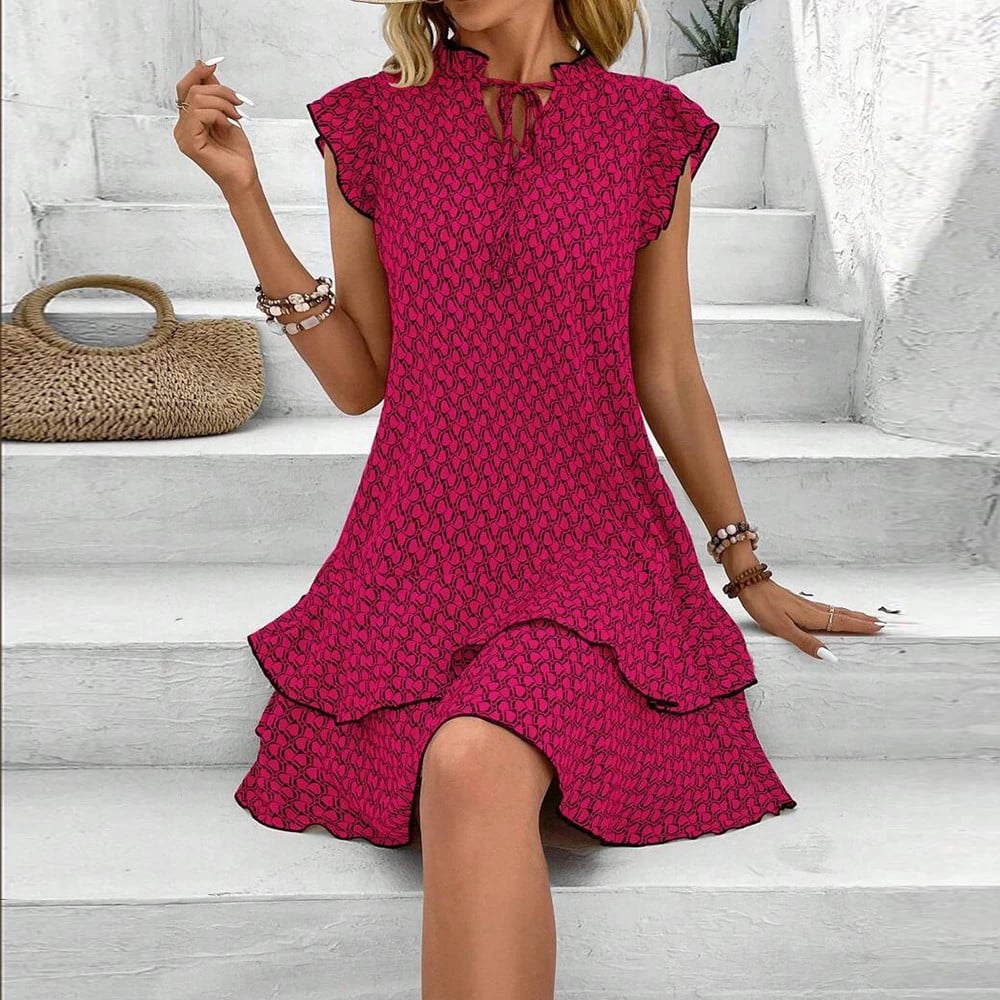 Anette | Printed Ruffle Hem Tie Neck Dress