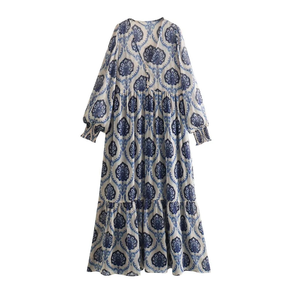 Willa | Printed Long Sleeve Tiered Midi Dress