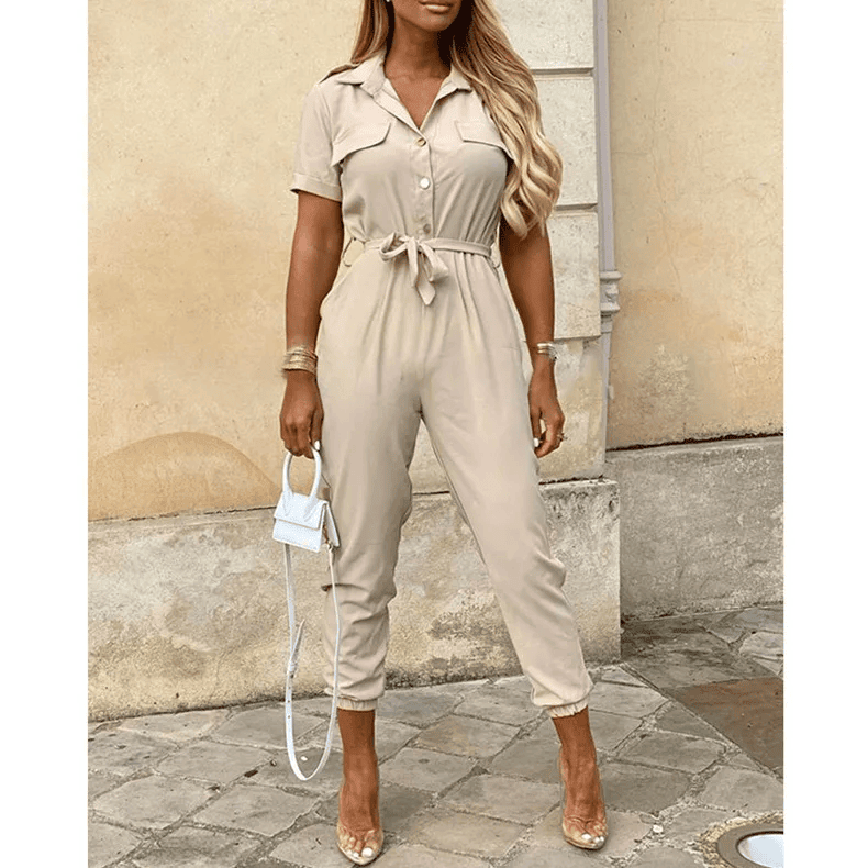 Hallie | Collared Short Sleeve Belted Jumpsuit
