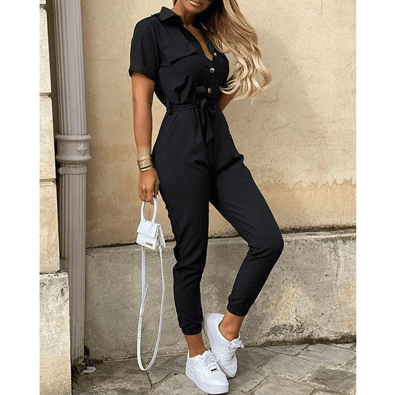 Hallie | Collared Short Sleeve Belted Jumpsuit
