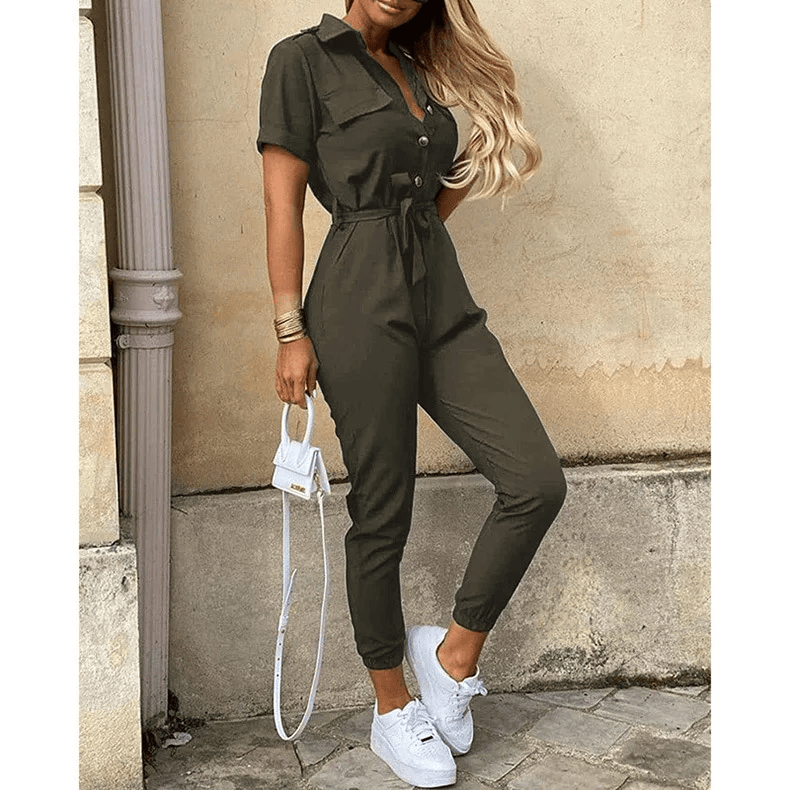 Hallie | Collared Short Sleeve Belted Jumpsuit