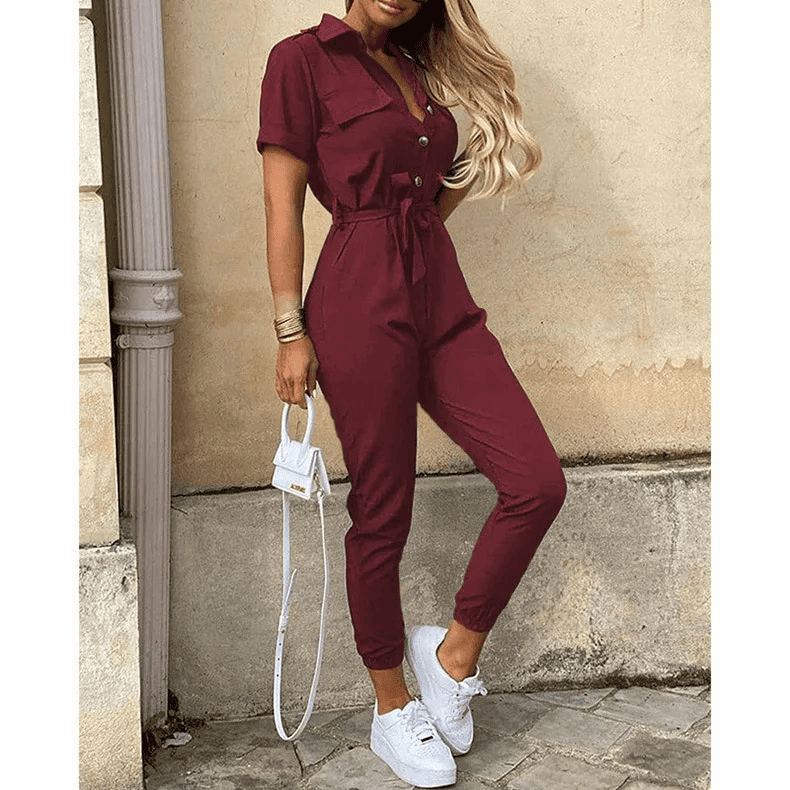 Hallie | Collared Short Sleeve Belted Jumpsuit