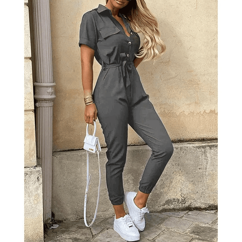 Hallie | Collared Short Sleeve Belted Jumpsuit