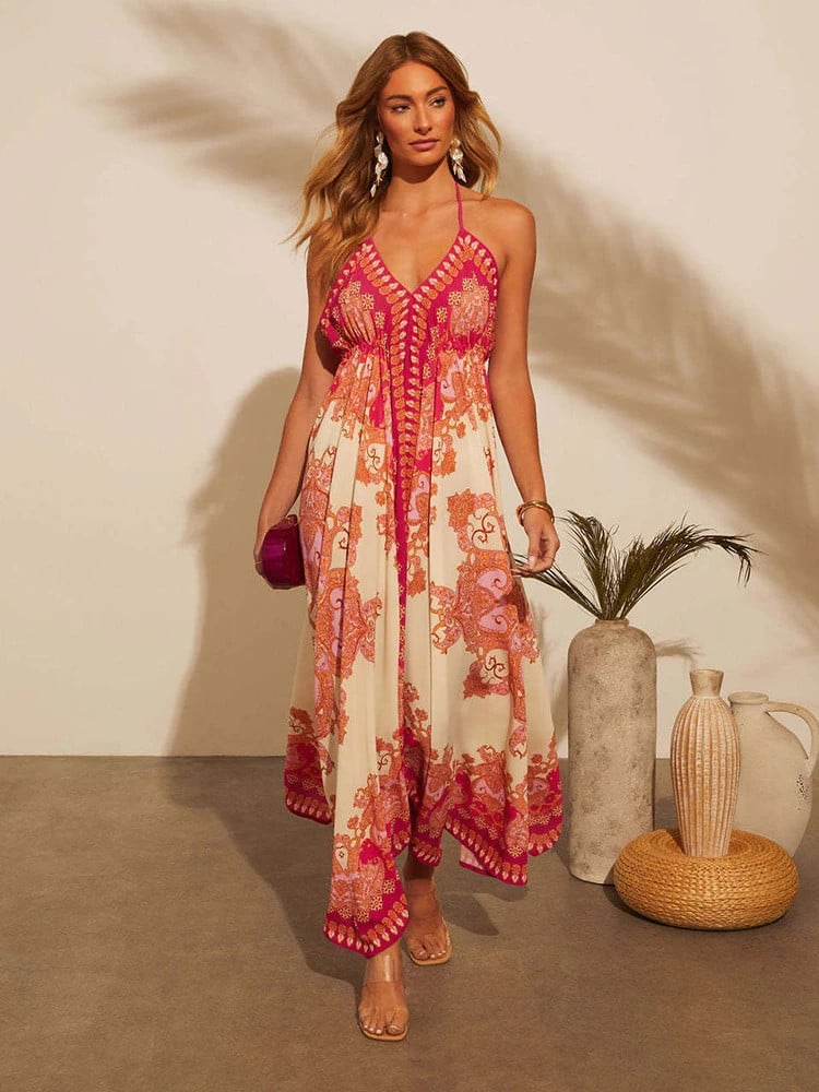Delfina | Printed Halterneck Backless Maxi Dress