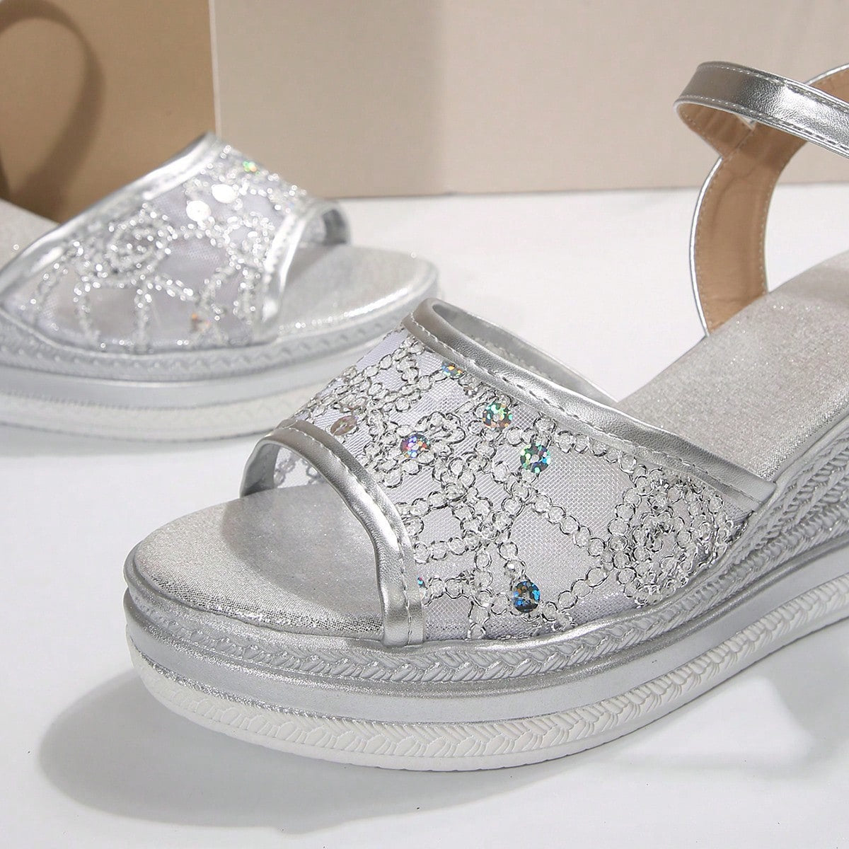 Cara | Lace Mesh Wedge Ankle Strap Sandals