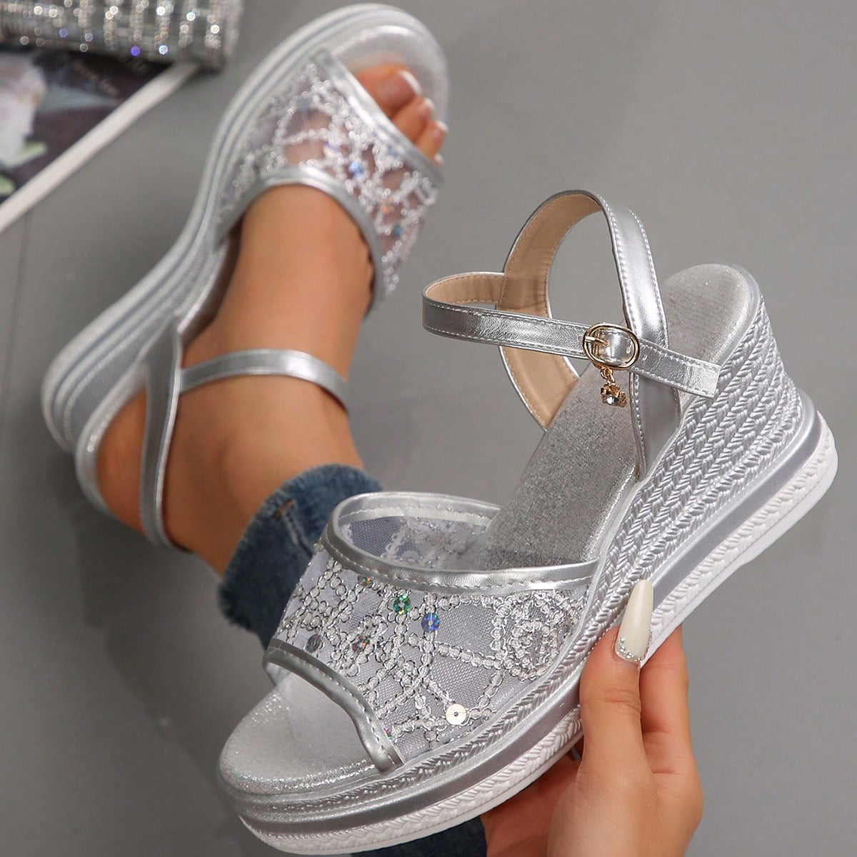 Cara | Lace Mesh Wedge Ankle Strap Sandals
