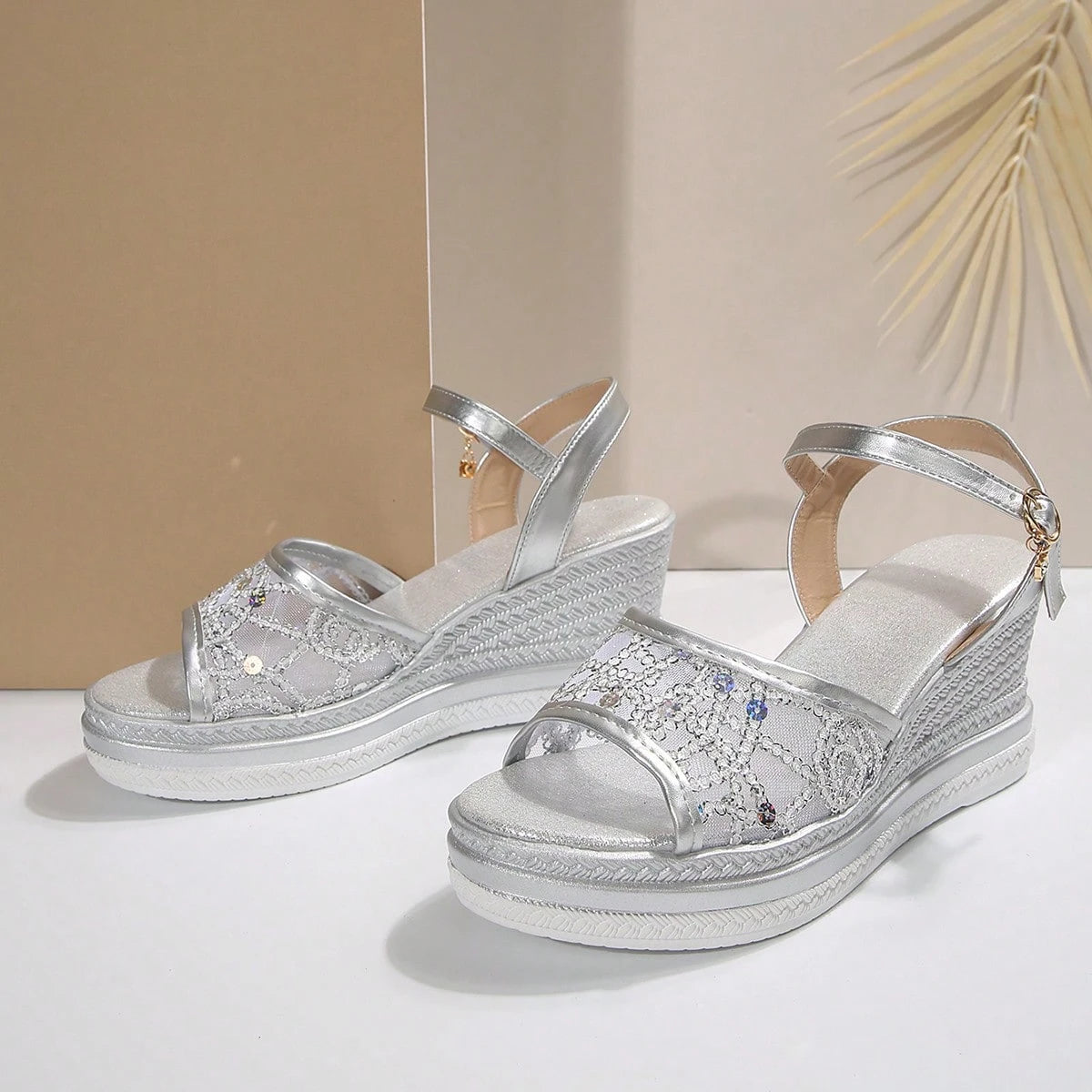 Cara | Lace Mesh Wedge Ankle Strap Sandals