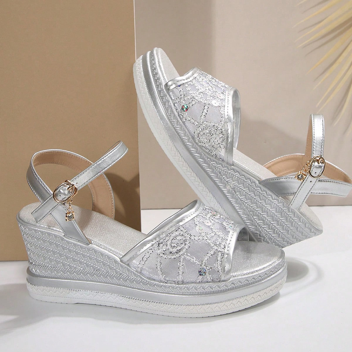 Cara | Lace Mesh Wedge Ankle Strap Sandals