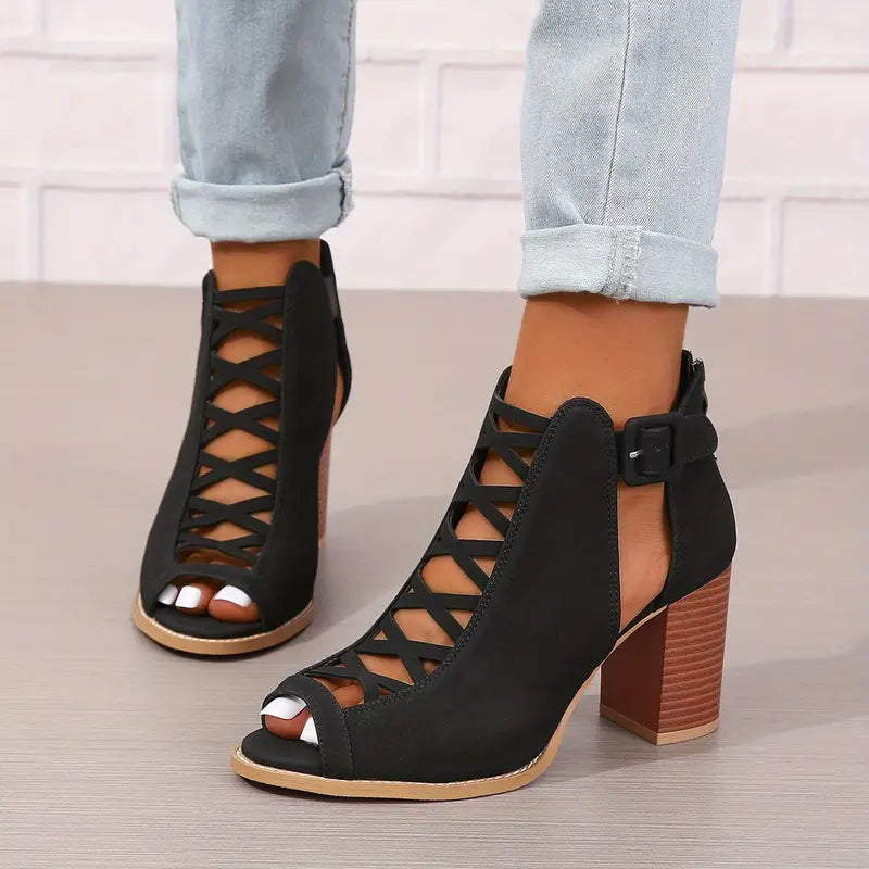 Ruzilya | Chunky Heel Peep Toe Lace-Up Sandals