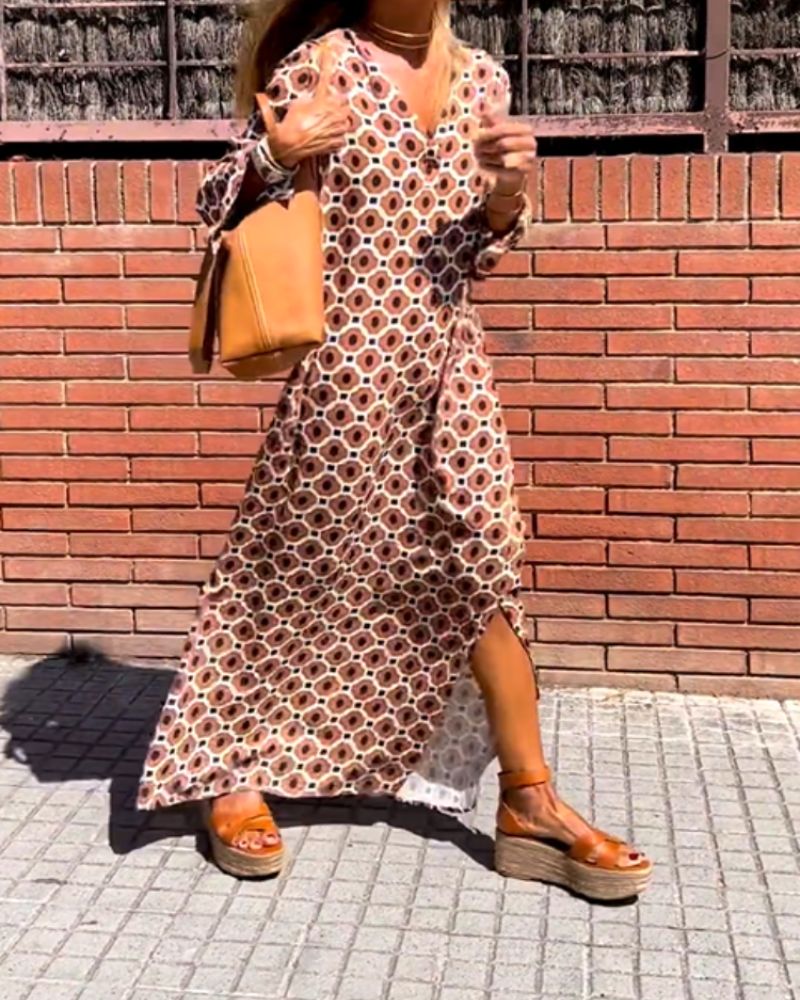 Rivka | Maxi Dress Long Sleeve V Neck Printed