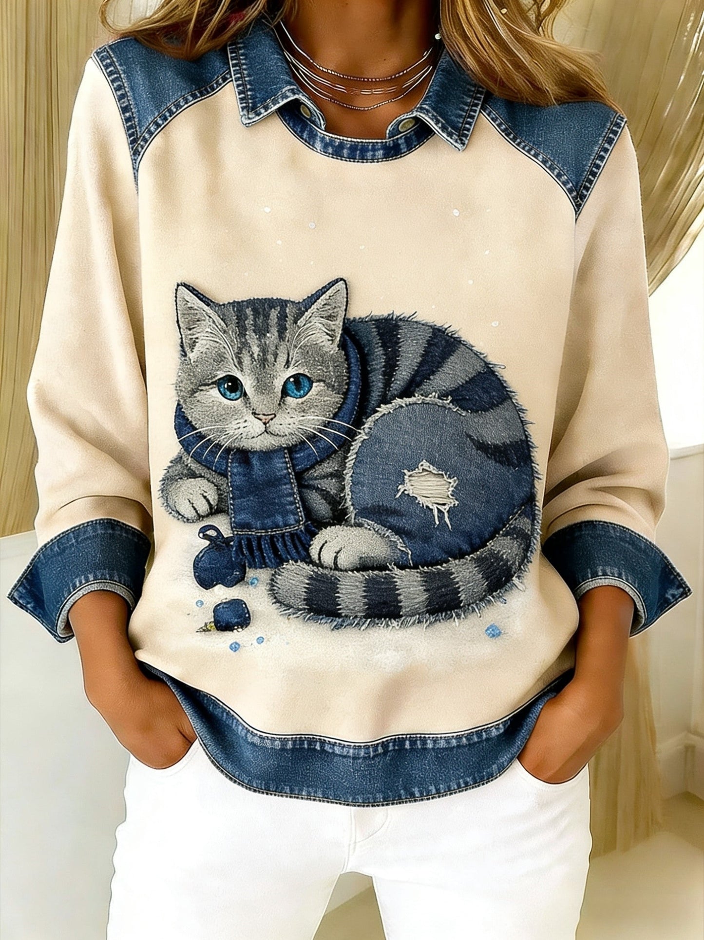 Eponin - Cat Print Patchwork Collar Sweatshirt