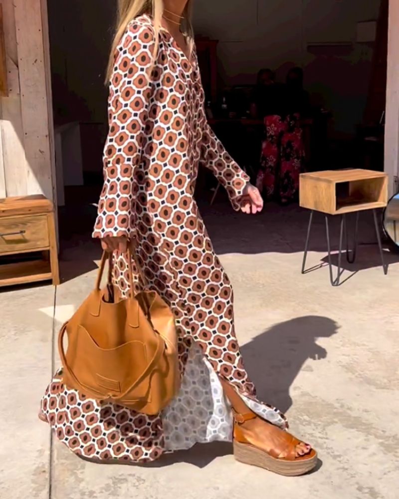 Rivka | Maxi Dress Long Sleeve V Neck Printed