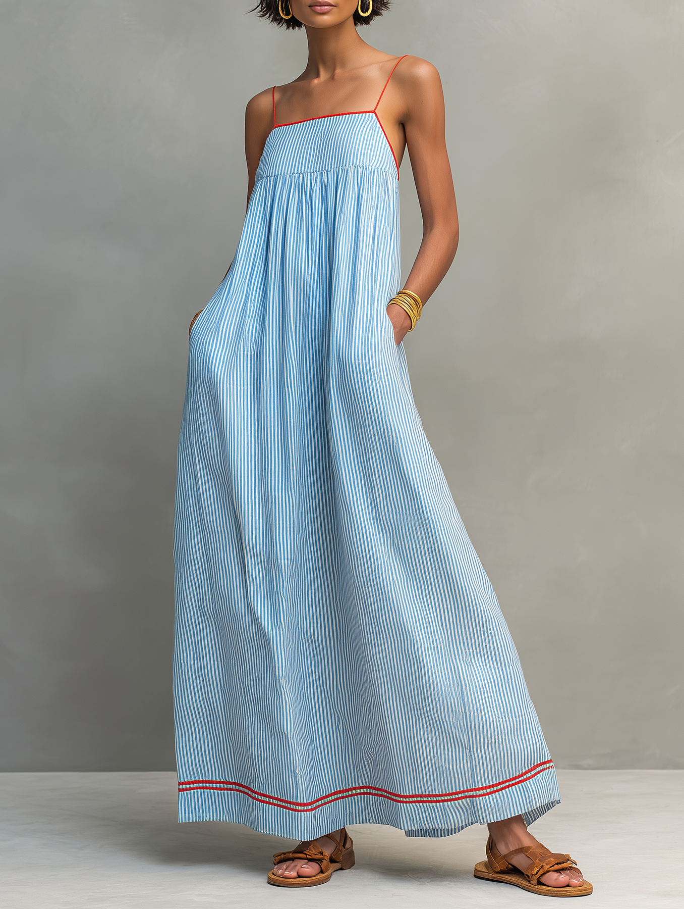 Aliyeva - Striped Spaghetti Strap Maxi Dress
