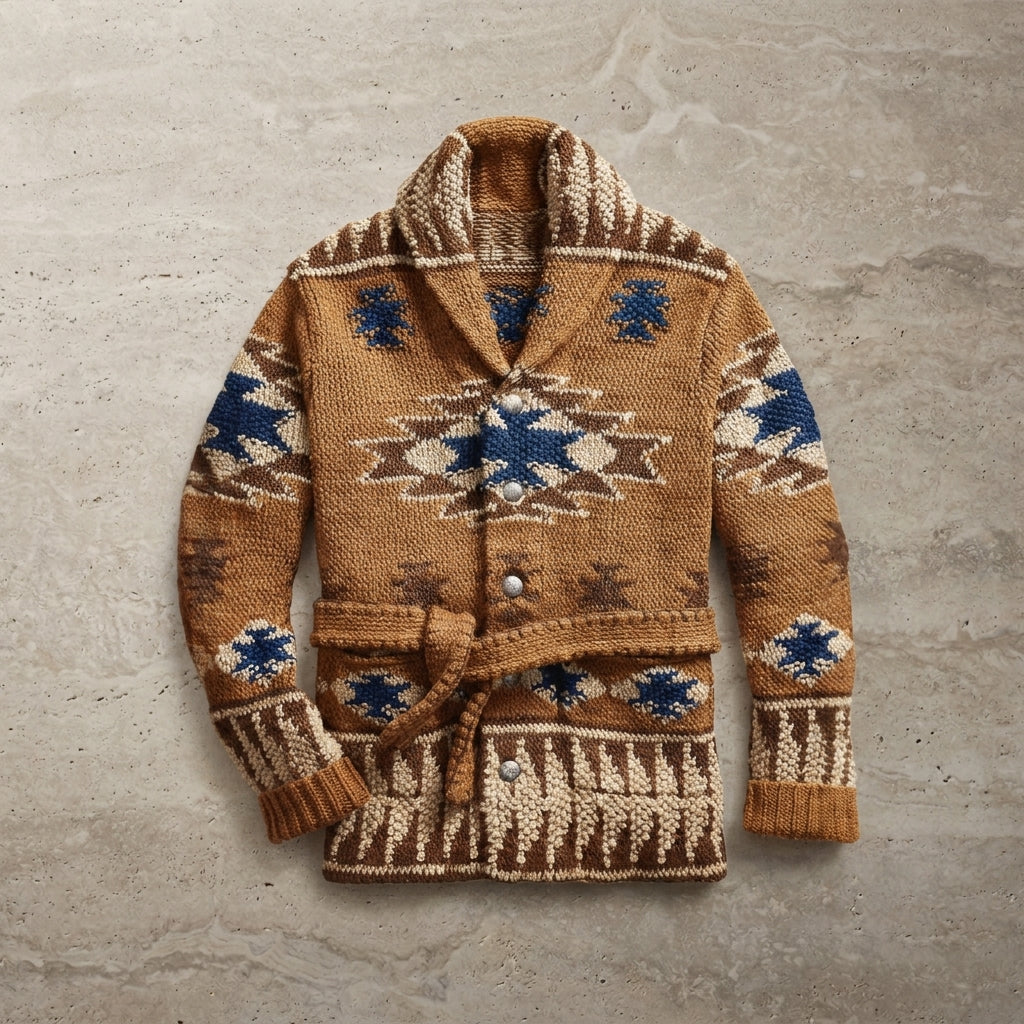 Wolfram | Cardigan with Geometric Pattern and Tie Belt