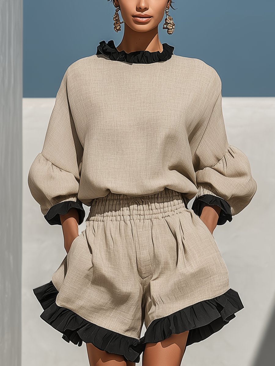 Simi | Beige Linen-Look Ruffle Trim Co-Ord