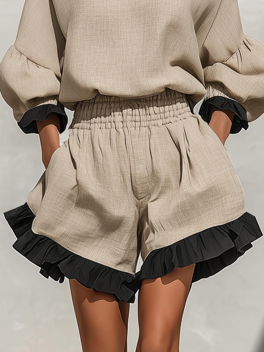Simi | Beige Linen-Look Ruffle Trim Co-Ord