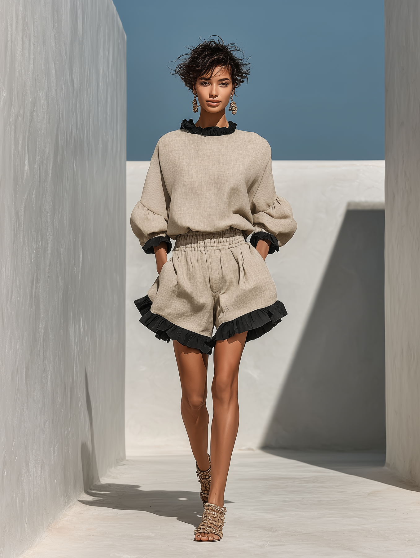 Simi | Beige Linen-Look Ruffle Trim Co-Ord
