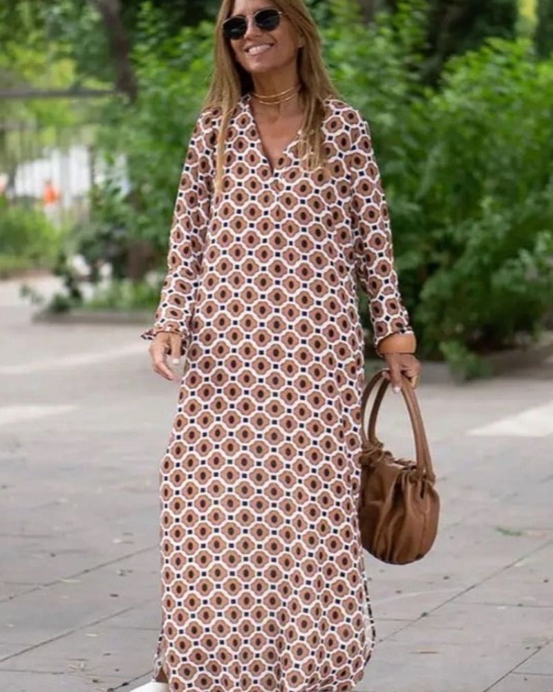 Rivka | Maxi Dress Long Sleeve V Neck Printed