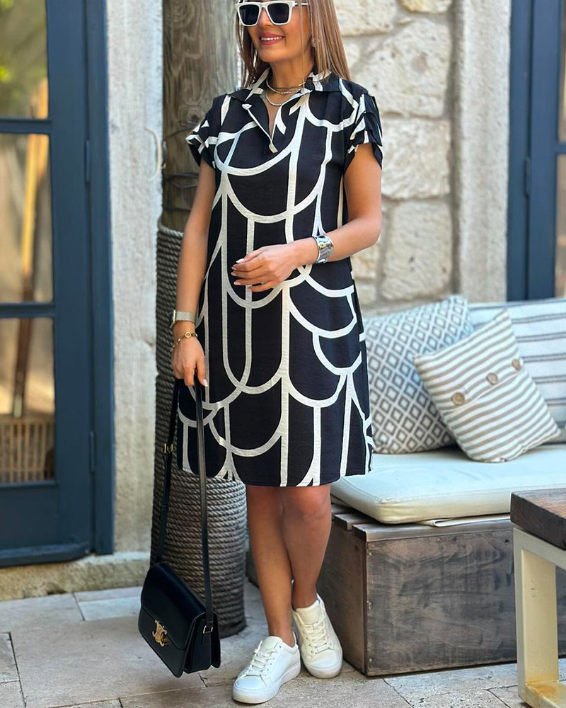Veralia | Geometric Print Collar Neck Shift Dress