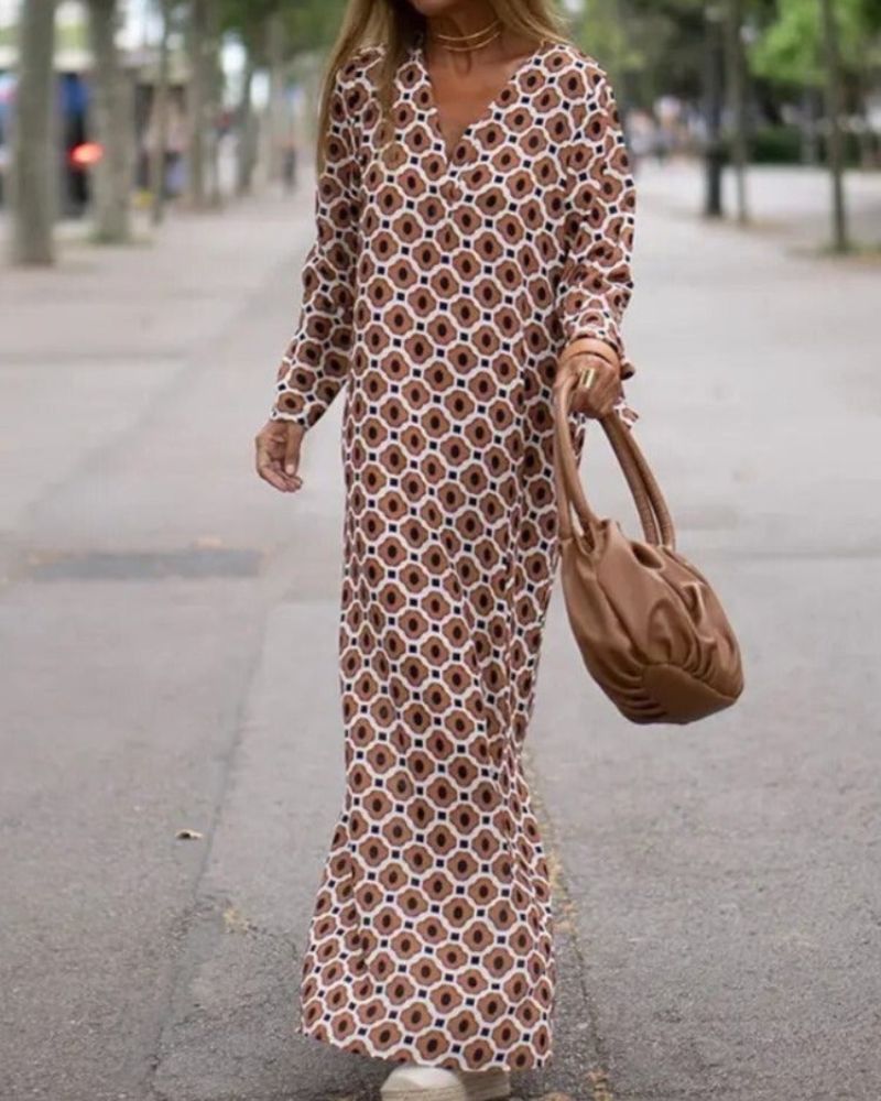 Rivka | Maxi Dress Long Sleeve V Neck Printed