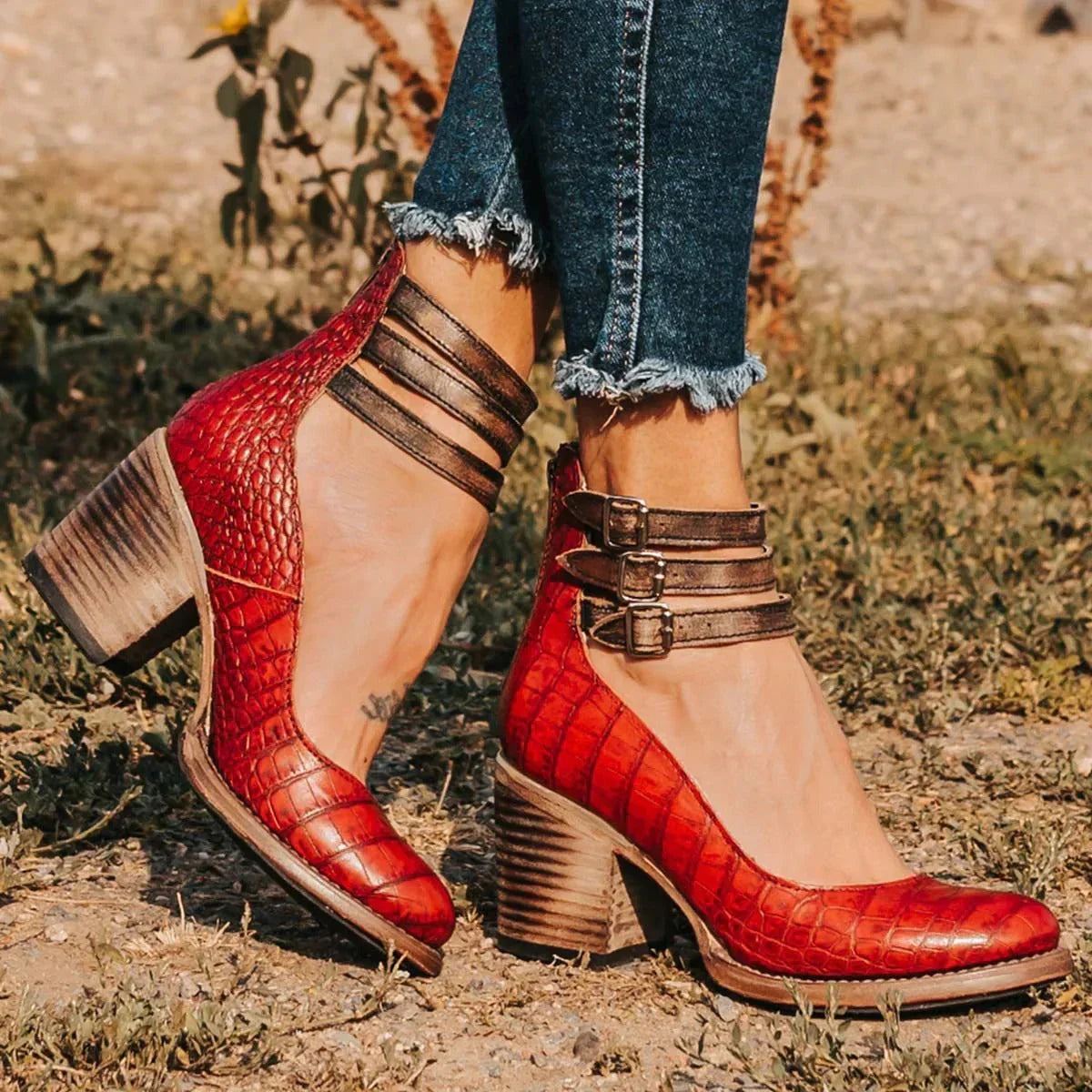 Steffie – Wooden Block Heel Strap Shoes