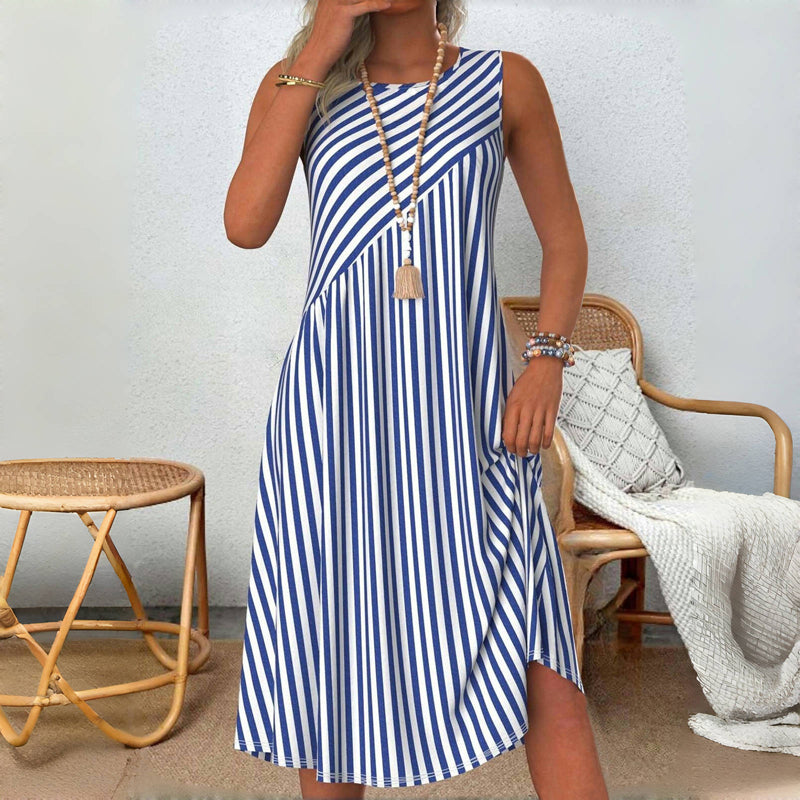Emeely - Sleeveless Striped Midi Swing Dress