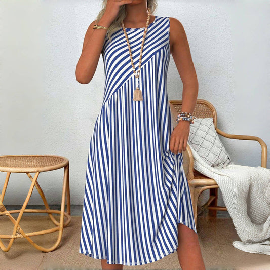 Emeely - Sleeveless Striped Midi Swing Dress