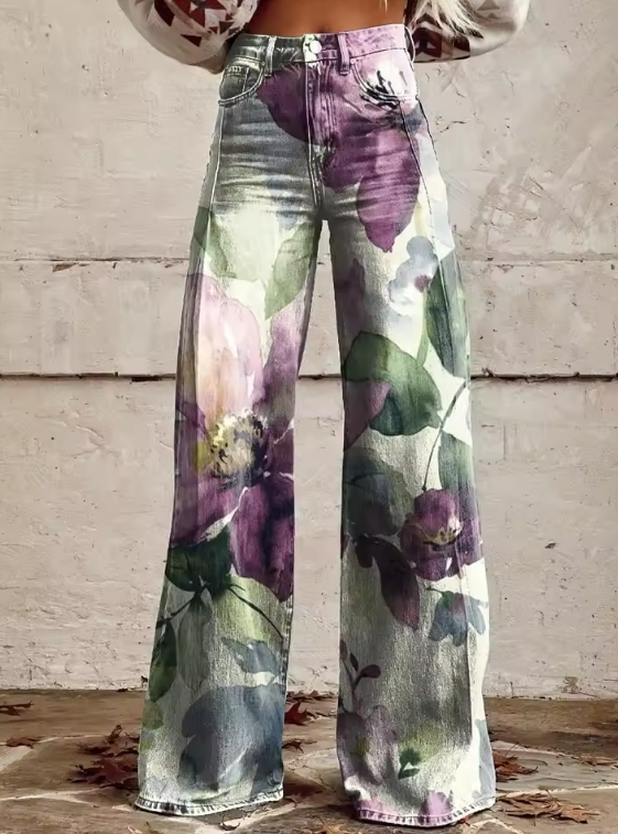 Mailin | Wide Leg Floral Denim Jeans