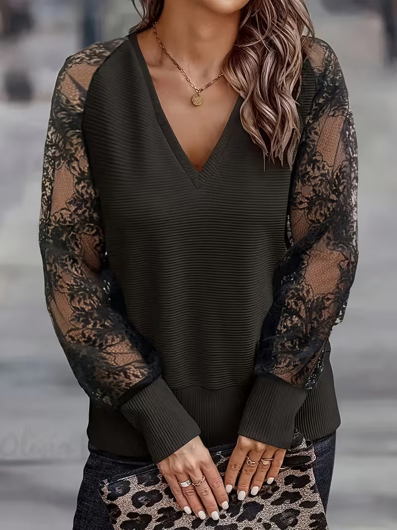 Melionina | V-Neck Lace Sleeve Ribbed Top