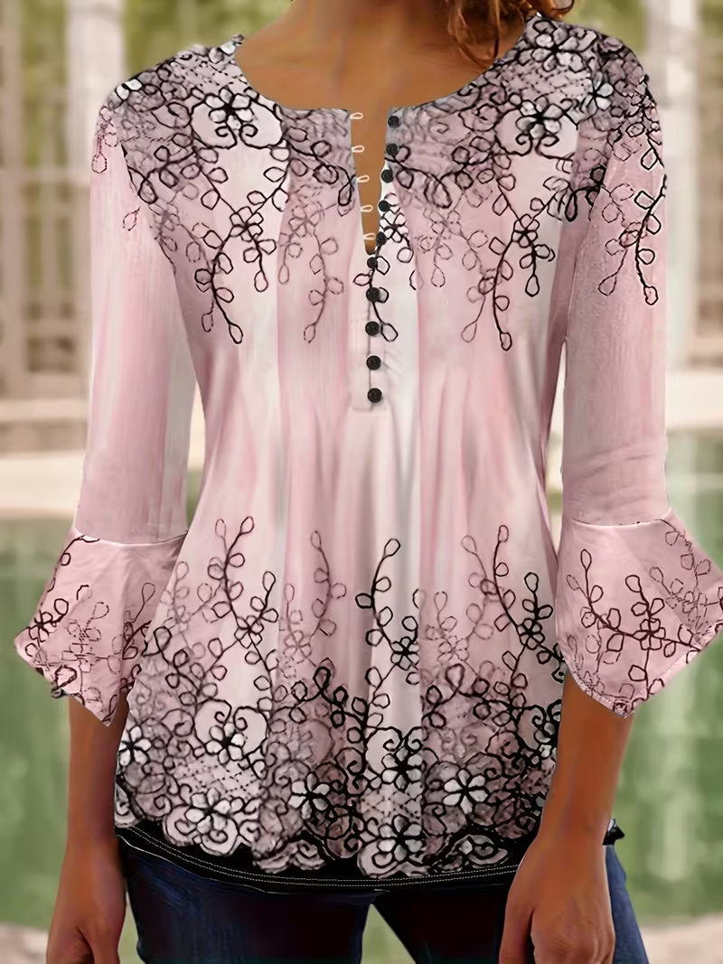 Mesley | Floral Print Round Neck Button Blouse