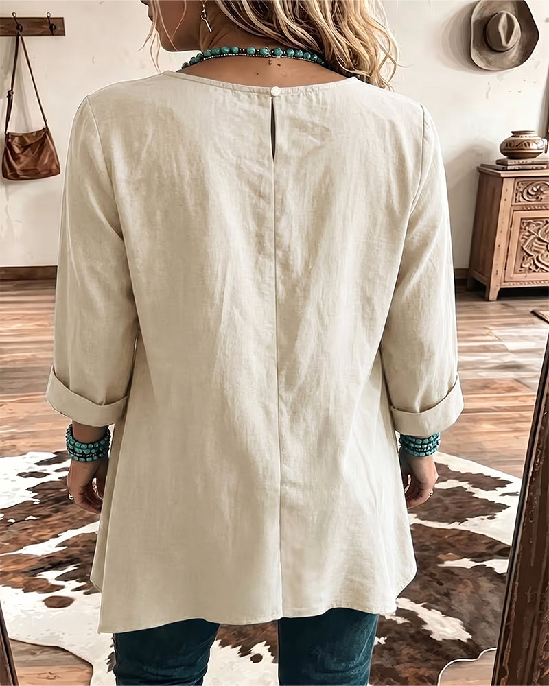 Taireen | Tunic Blouse with Pleated Round Neckline