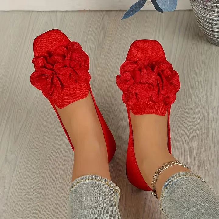 Catriona | Flower Knit Square Toe Ballet Flats