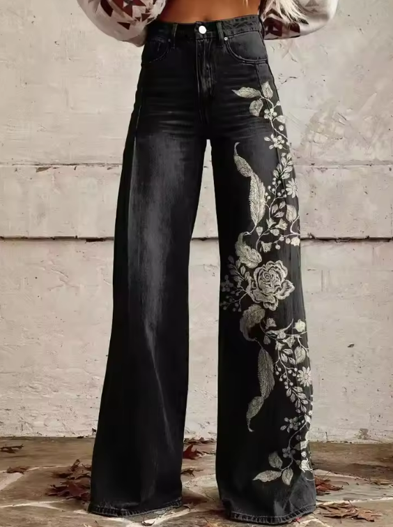 Mailin | Wide Leg Floral Denim Jeans