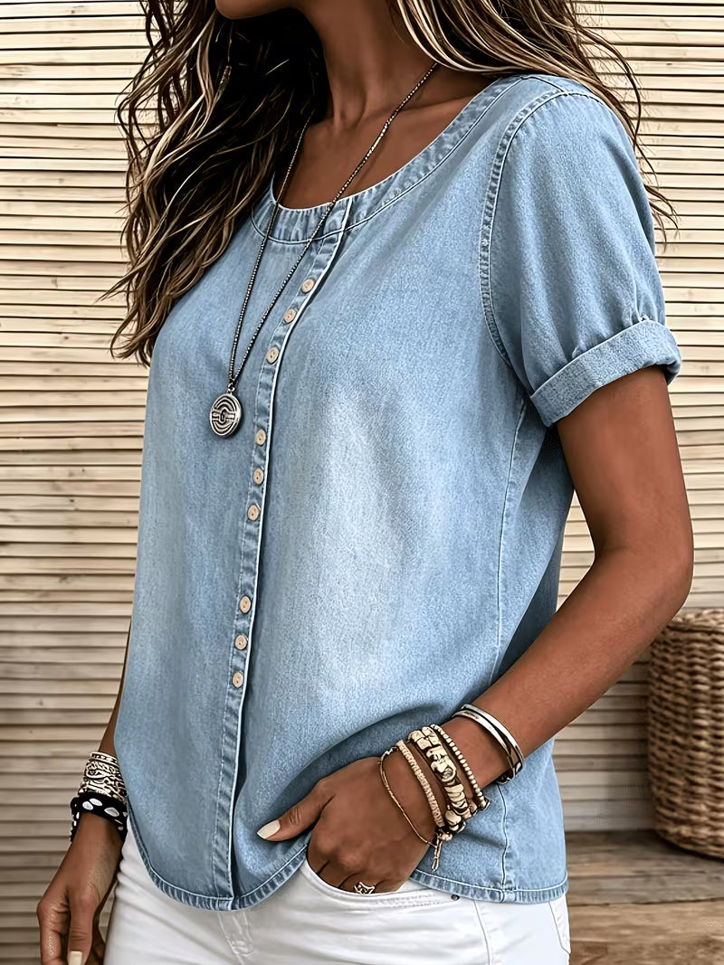 Ferina | Denim Style Short Sleeve Button Top