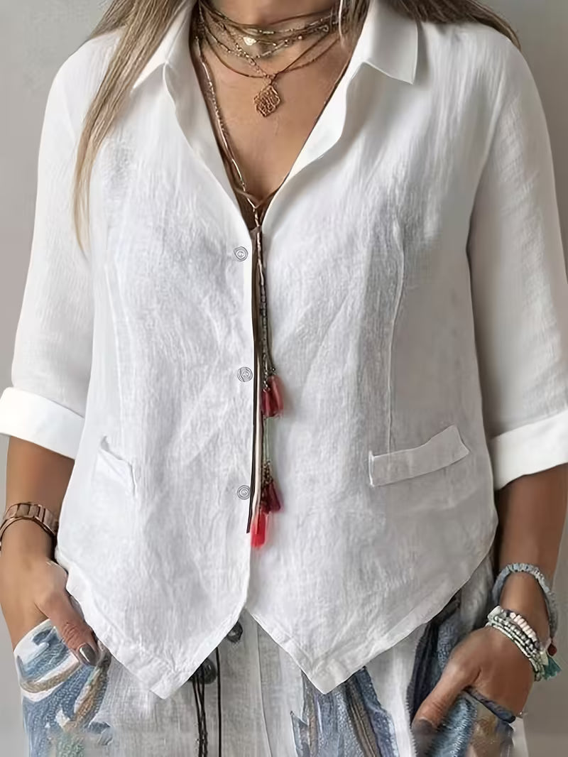 Isolde | Open Collar Short Sleeve Shirt in White